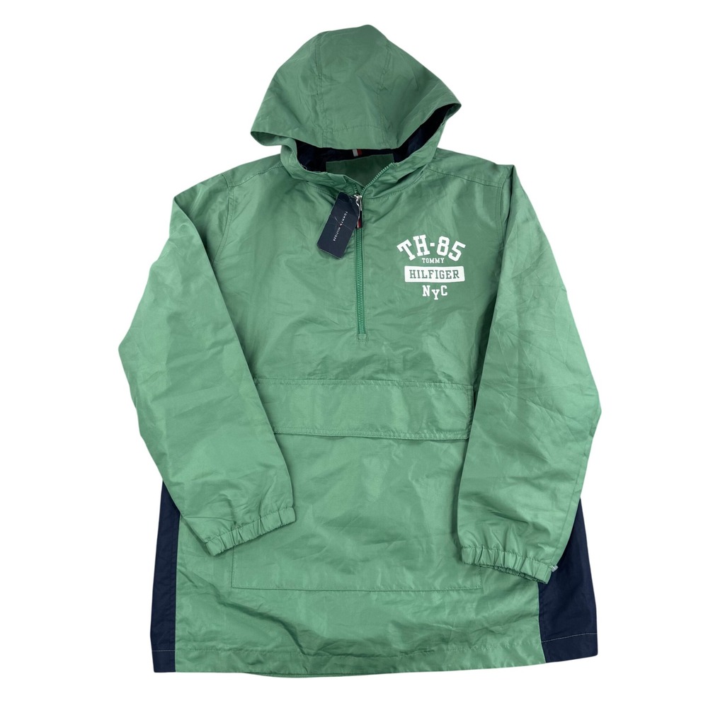 Tommy Hilfiger Boys Green Navy Quarter Zip Windbreaker Jacket Hooded L 14/16 NEW